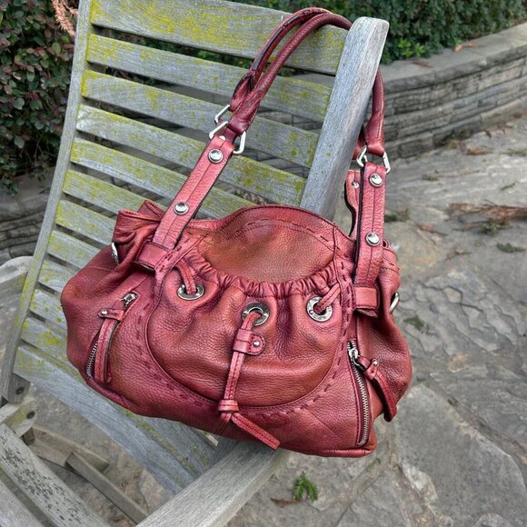 B Makowsky Lisbon Brown Red Drawstring Pocket Hobo Bag Satchel - Picture 14 of 16